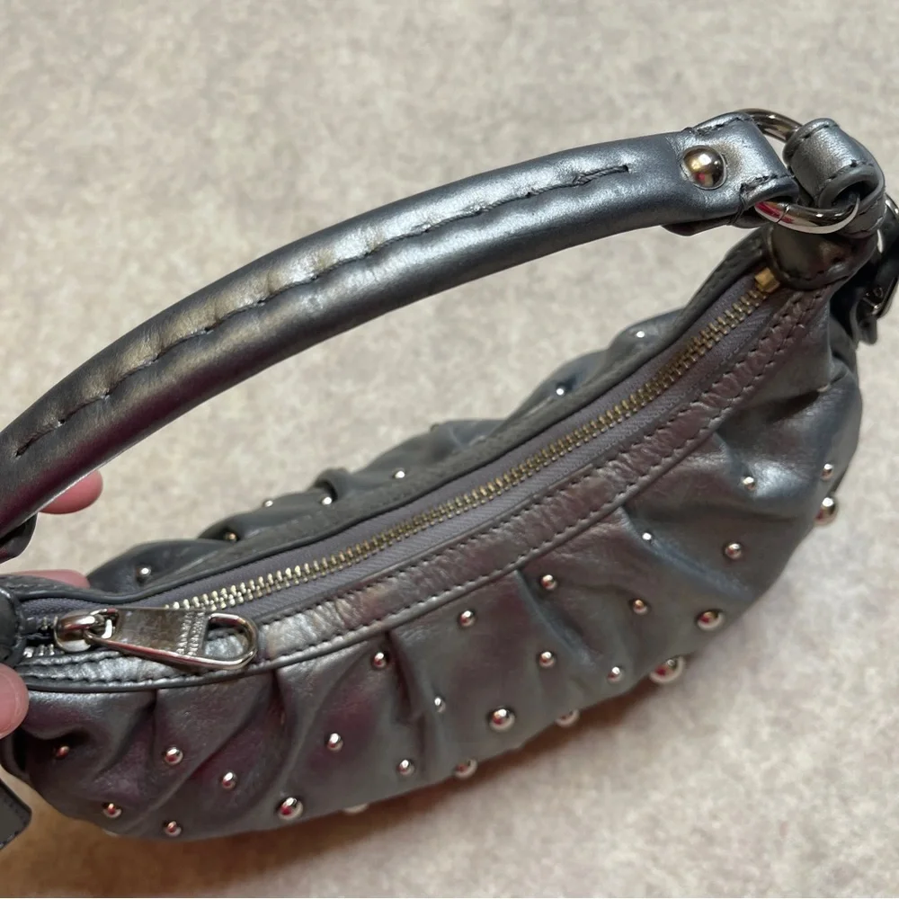 Badgley Mischka Gray Silver Studded Crescent Small Hobo Bag Purse